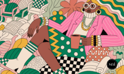 A colourful abstract animation in pink, yellow, green, white, and terracotta, of a woman boss sitting in her office drinking tea.