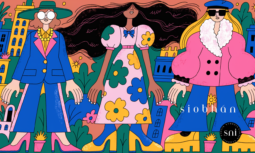 Abstract colourful animation of 3 fashionable women standing in front of an urban cityscape.