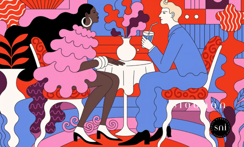 Abstract illustration of a woman in a pink frilly dress, on a date in a restaurant with a man in a blue suit.